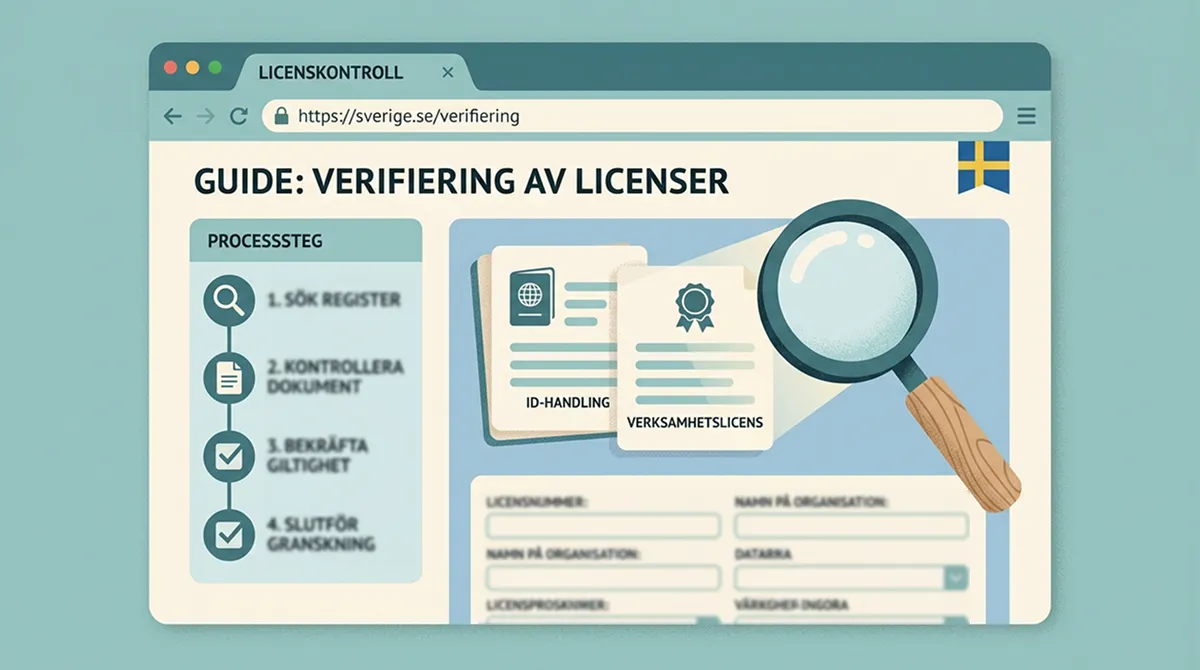 Illustration av licenskontroll med register, webbadress och dokument